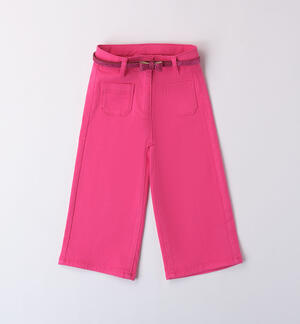 Girls' flared trousers with a belt FUCHSIA